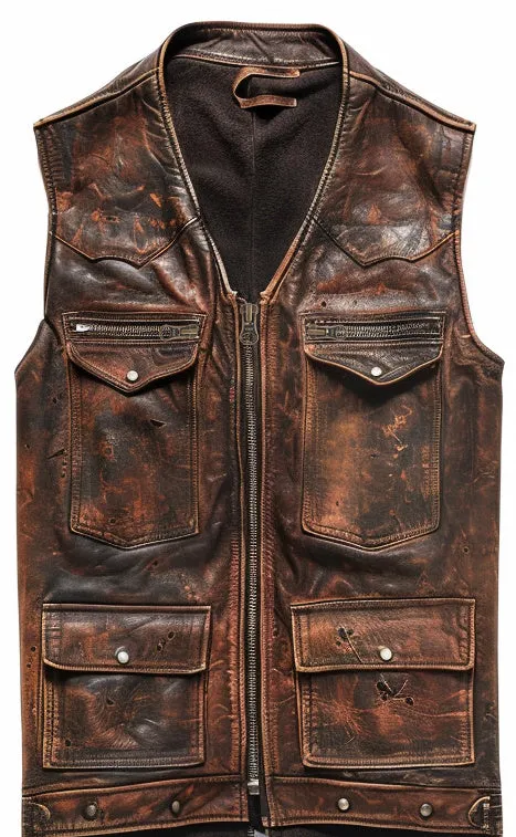 Vintage Strap Pockets Leather Distressed Vest