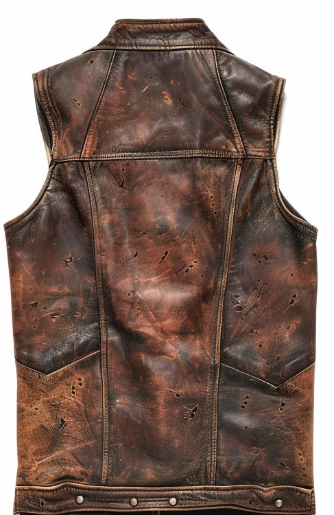 Vintage Strap Pockets Leather Distressed Vest