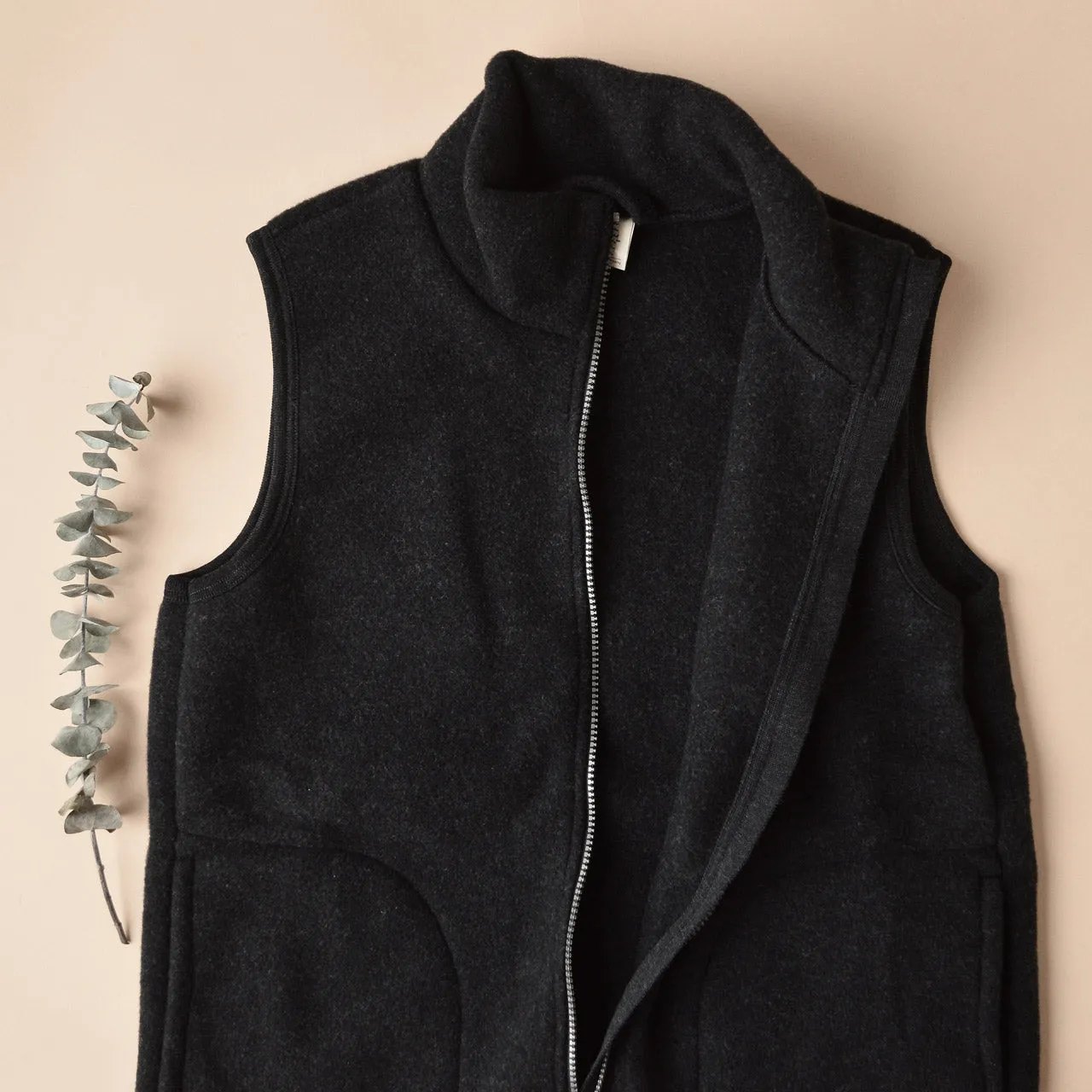 Women's Zip Vest - 100% Organic Wool Fleece - Black (XS-L) *Returning 2025